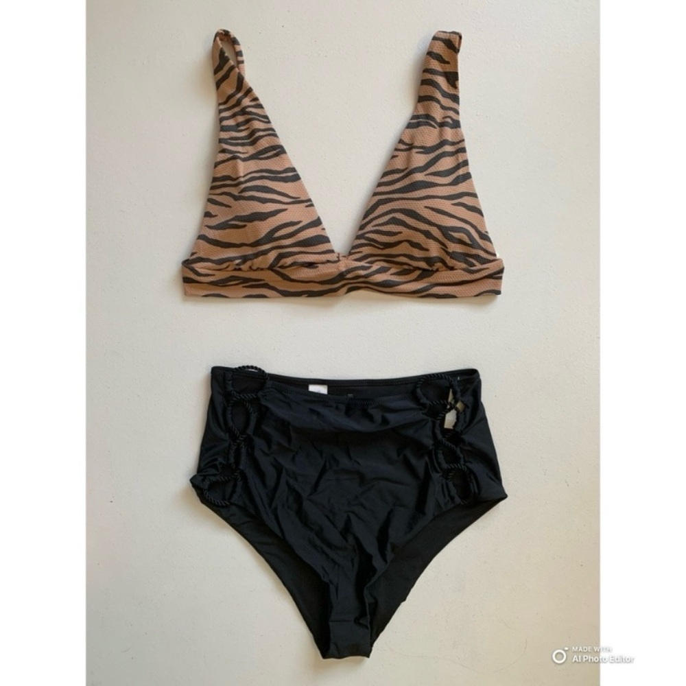 Aerie Large Bikini Set Tiger Print Top + Black Cutout High Waisted Bottom NWT